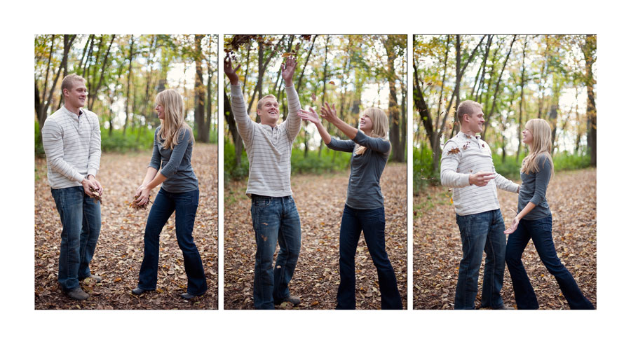 MN Engagement Couple Throwing Leaves